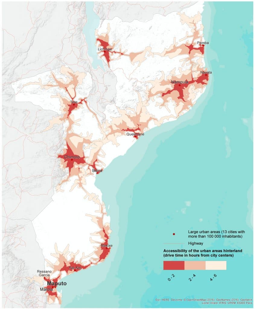 Cities and hinterlands accessibility in Mozambique by isochrones map